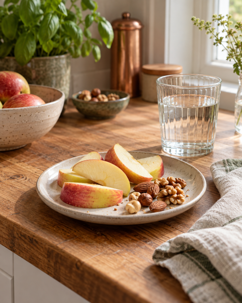 Æbler, nødder og et glas vand på et køkkenbord