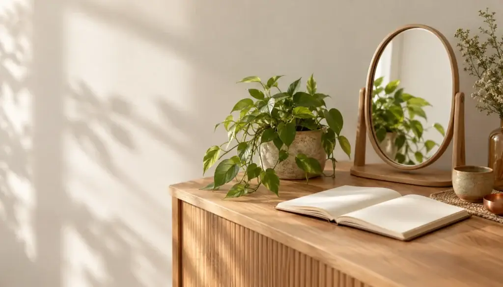 Et bord med spejl, grøn plante og en notesbog