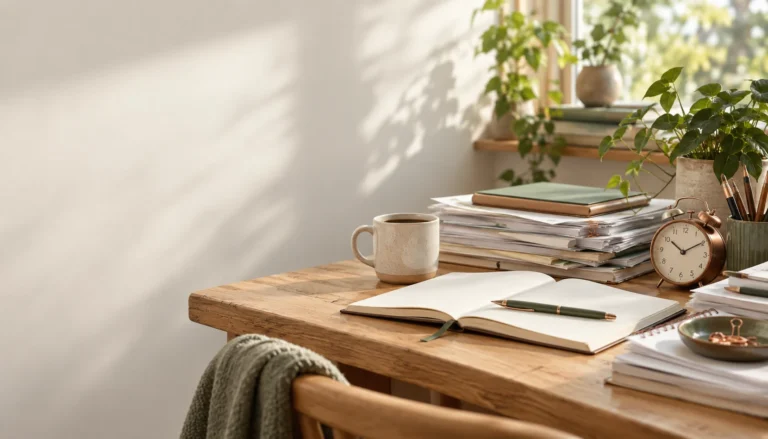 En travl arbejdsplads med ur, bøger og notesbøger