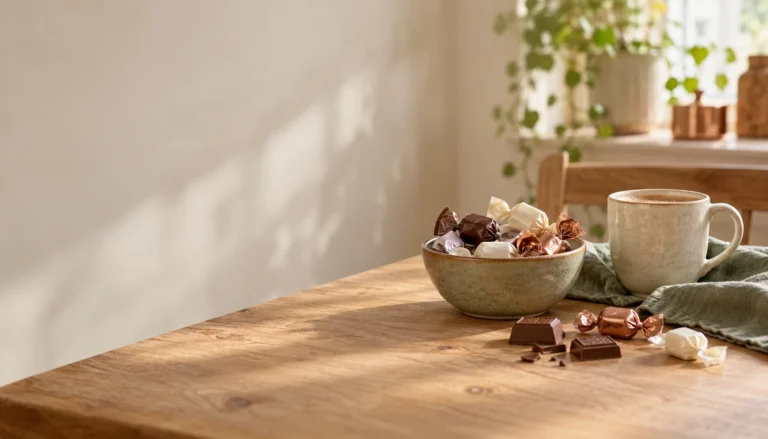En skål med slik og lidt chokolade på et køkkenbord