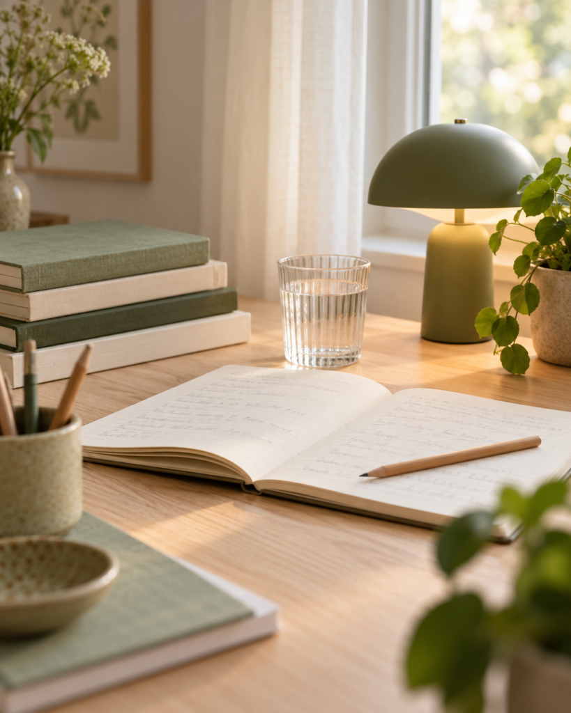 Studiebøger, notesbog og vand på et roligt skrivebord